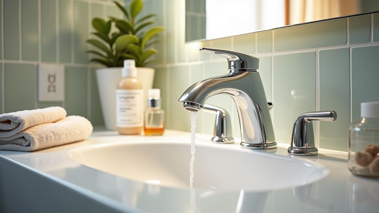 Torneira moderna a correr num lavatório, com toalhas, frascos de produtos e planta decorativa ao fundo.