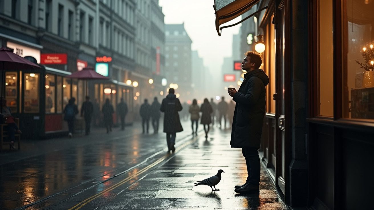 Homem com café numa rua molhada ao entardecer, pomba no passeio.
