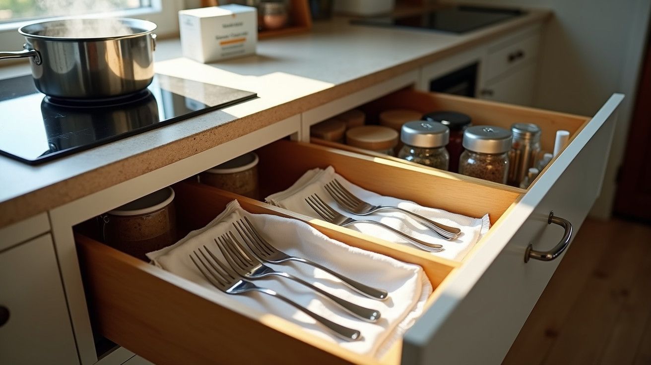 Gaveta de cozinha aberta com talheres organizados, frascos de especiarias ao lado e panela a ferver no fogão.