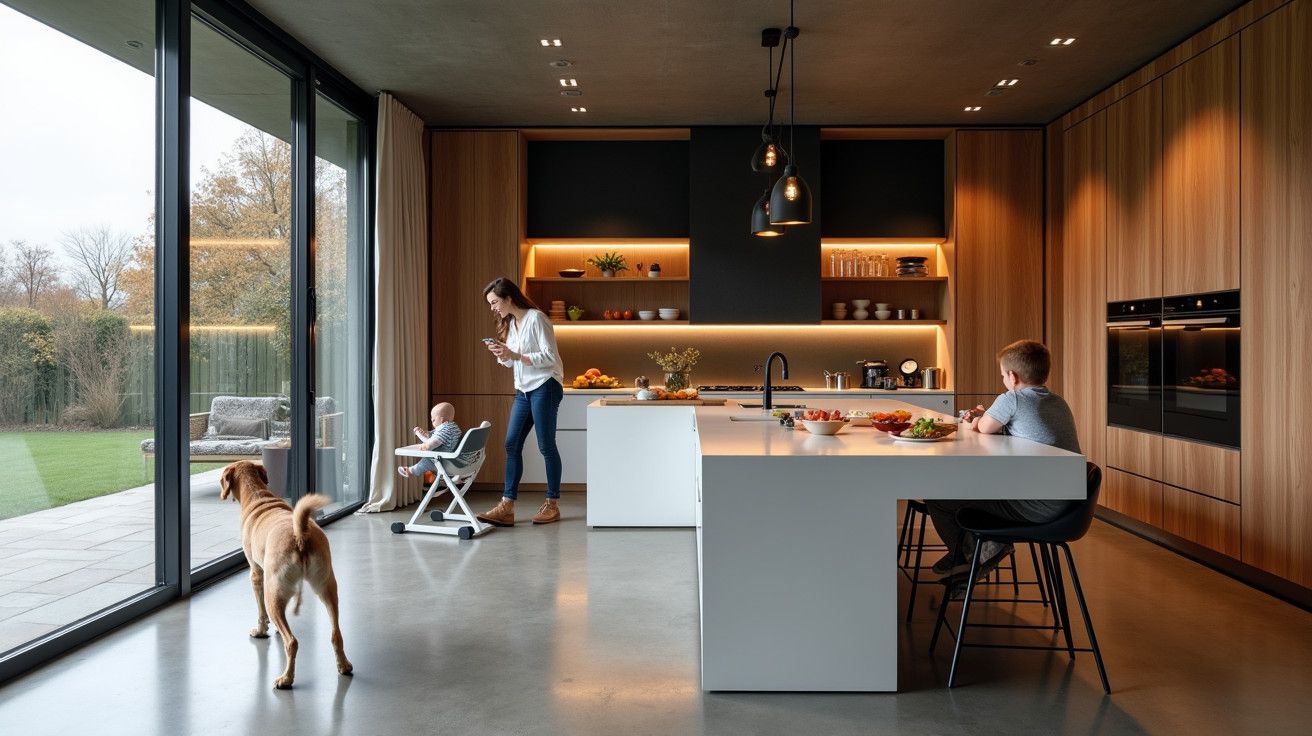 Cozinha moderna com família; mulher ao telemóvel, bebé na cadeira, criança ao balcão, cão na porta de vidro.