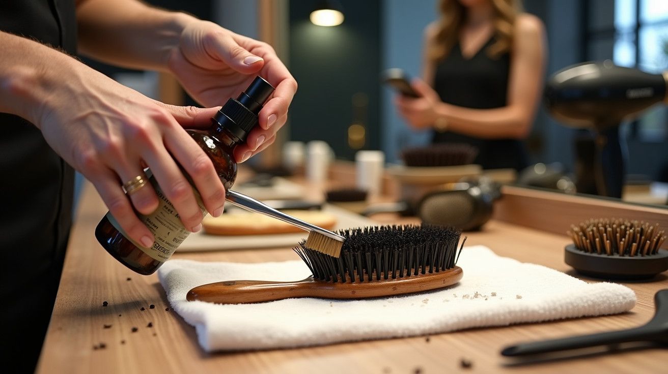 Pessoa a limpar uma escova de cabelo com um produto líquido, num salão de cabeleireiro.