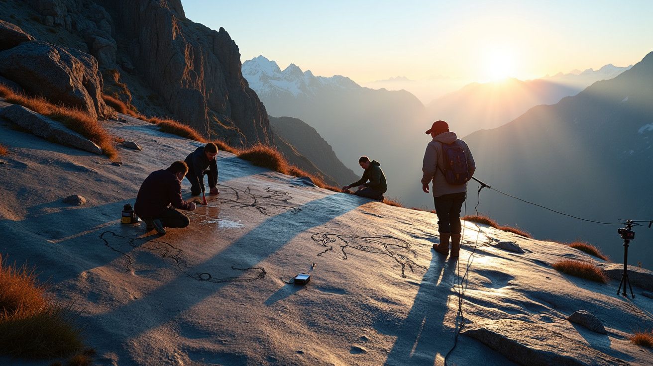 Grupo de pessoas desenha no chão de rocha ao nascer do sol, com montanhas cobertas de neve ao fundo.