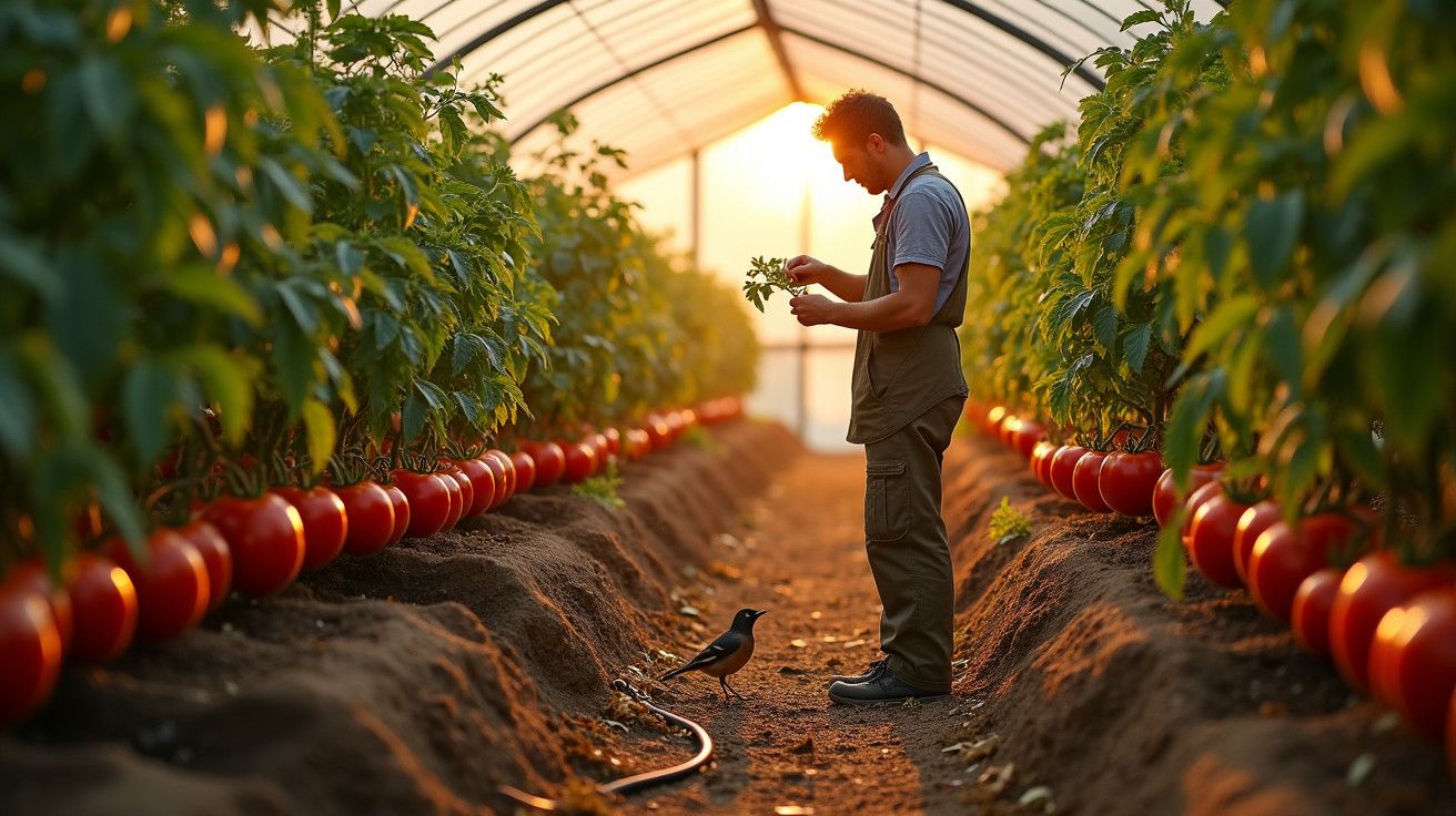 Homem inspeciona tomateiros em estufa ao pôr do sol, com pássaro no chão por perto.