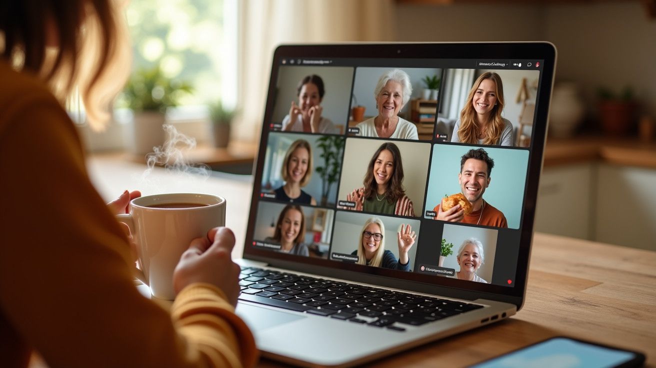 Pessoa segura chá e participa numa videochamada em grupo num portátil numa cozinha iluminada.