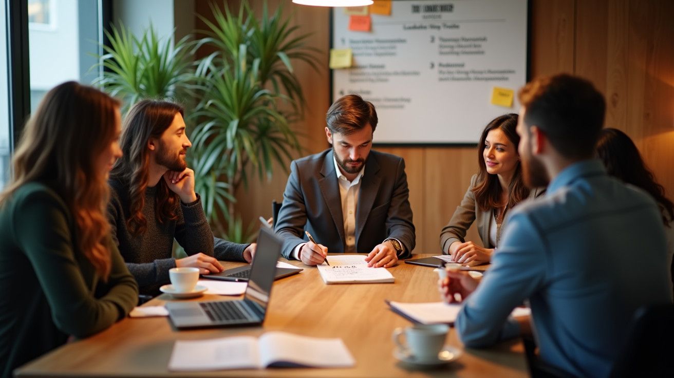 Grupo de pessoas numa reunião numa sala de reuniões, discutindo documentos numa mesa com chávenas de café.