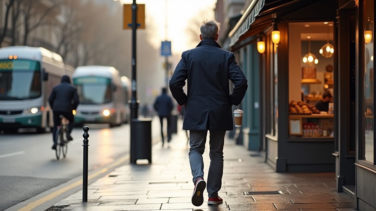 Homem caminha numa rua movimentada ao amanhecer com um café na mão, próximo de uma padaria iluminada.