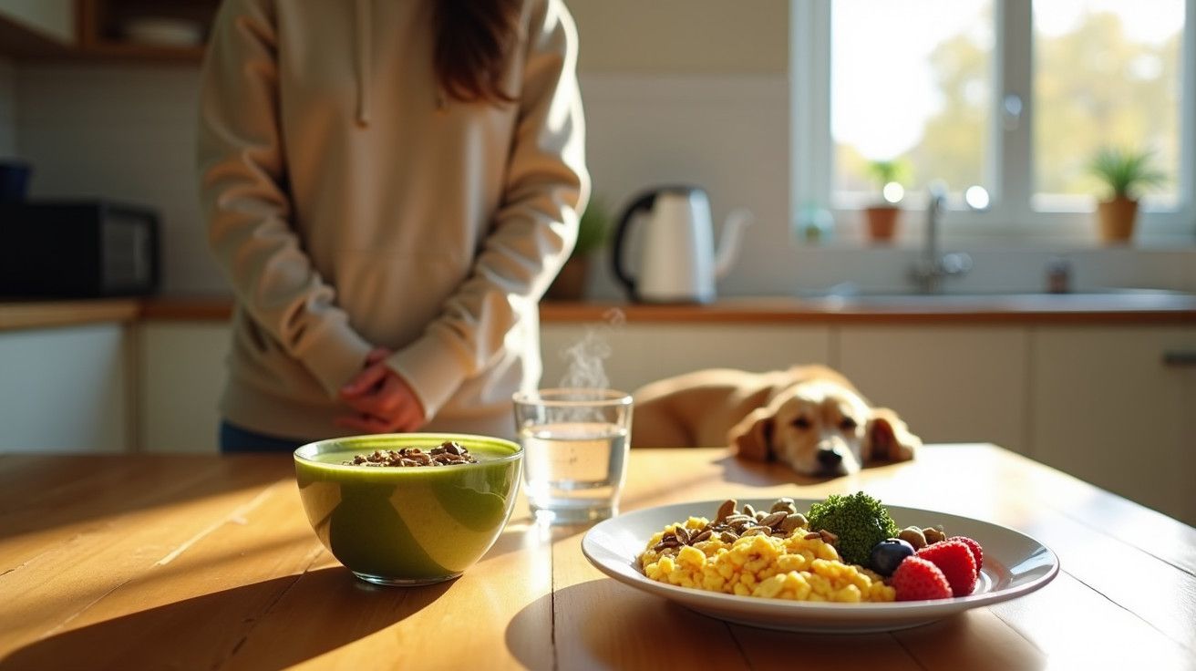 Mulher na cozinha com tigela de cereais, copo de água e prato de ovos e frutas na mesa, cão ao fundo.