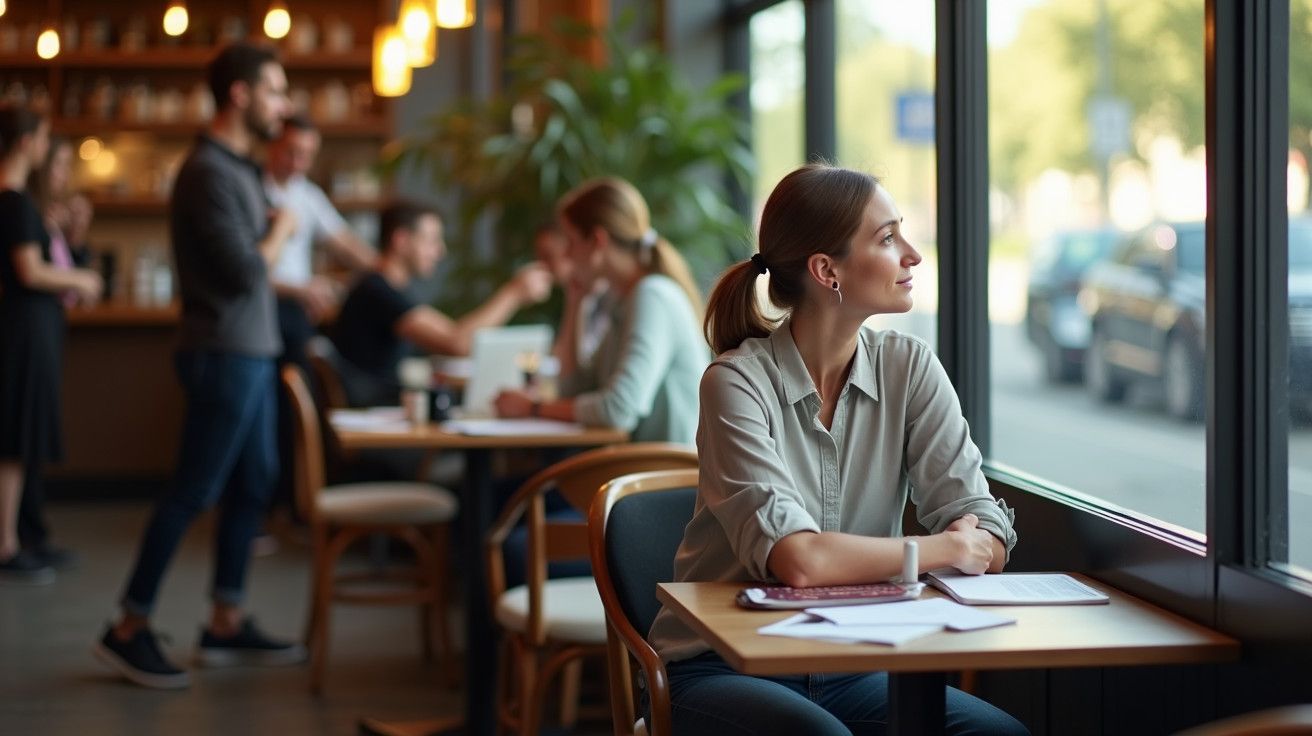 Mulher sentada em café, olhando pela janela, com papéis sobre a mesa. Pessoas ao fundo conversam em pé.