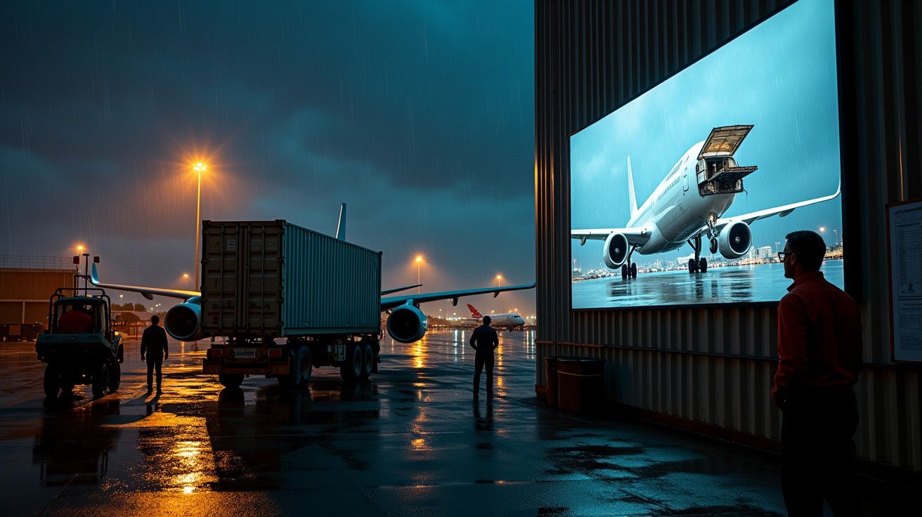 Aeroporto à noite com pessoas e carga ao lado de um avião iluminado por holofotes, sob céu chuvoso.