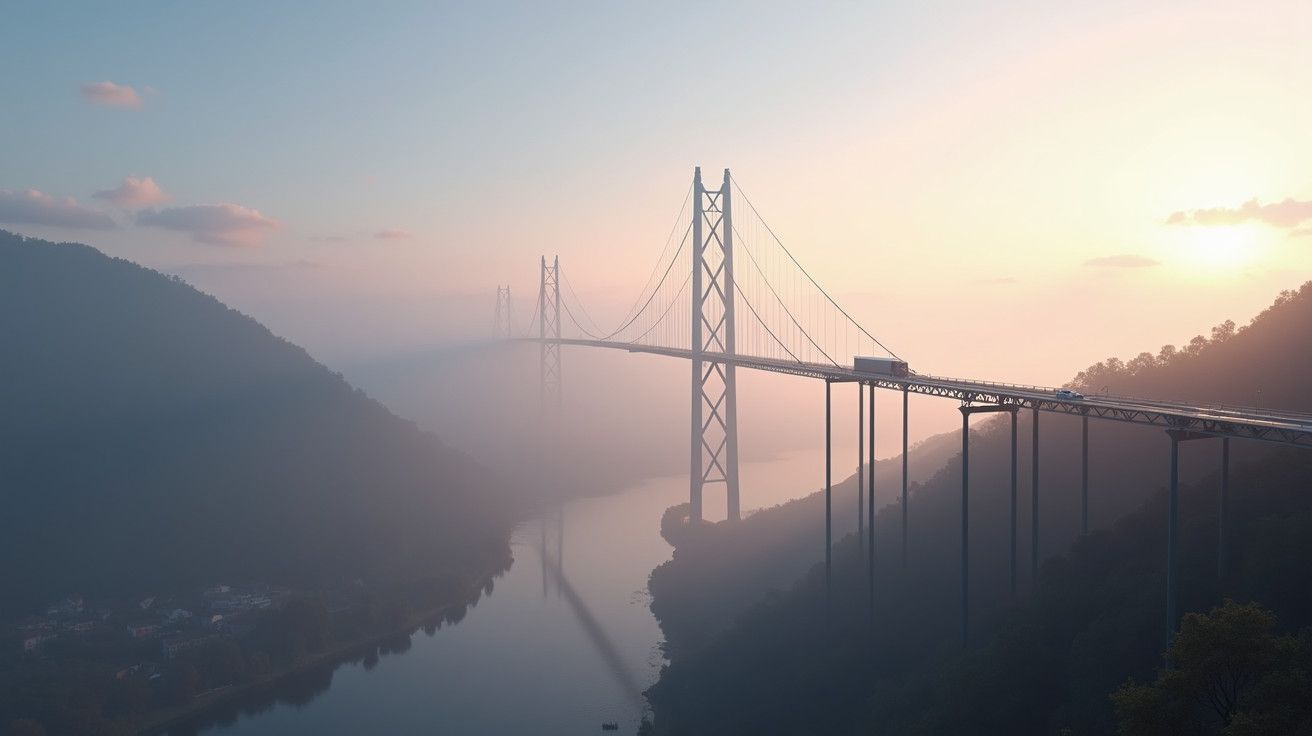 Ponte suspensa sobre rio com neblina ao amanhecer, montanhas em ambos os lados e sol nascente no horizonte.