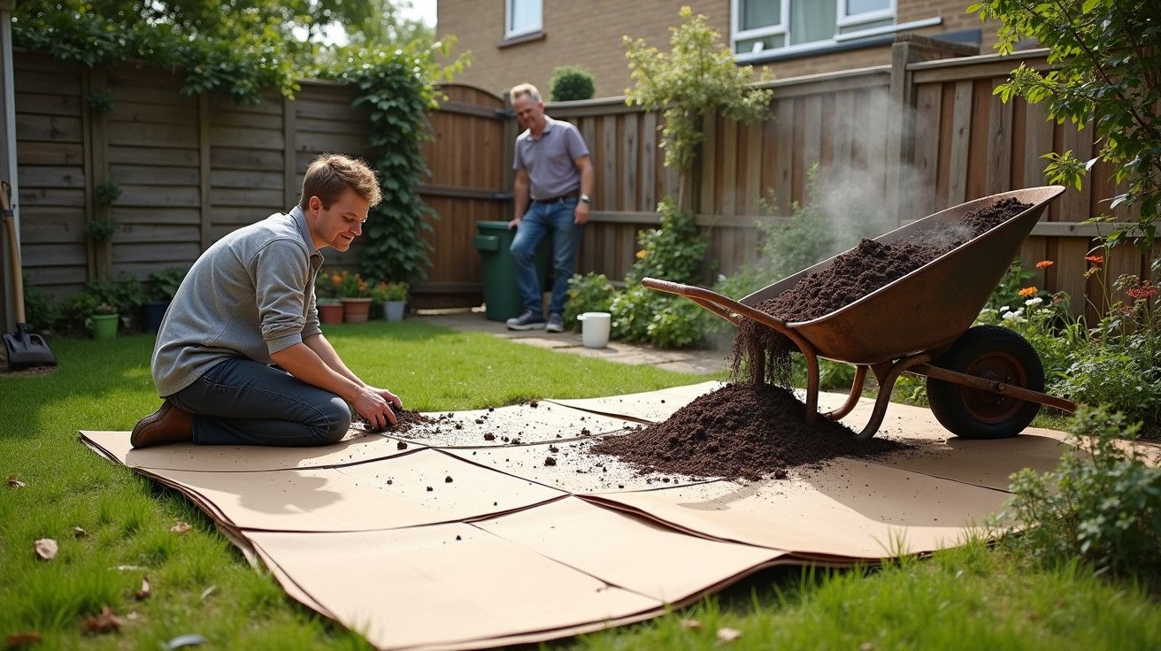 Homem ajoelhado no jardim espalha terra de carrinho de mão sobre cartões no relvado, enquanto outro observa ao fundo.