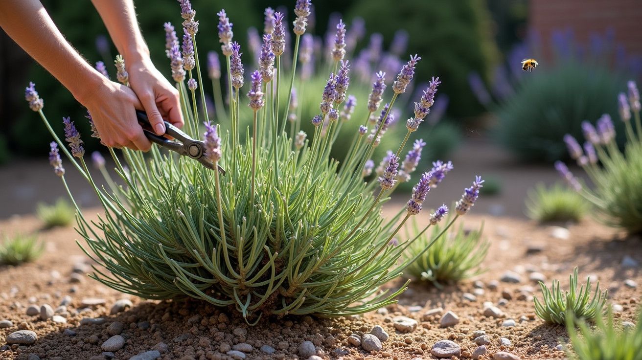 Pessoa a podar lavanda num jardim, com uma abelha a voar próxima.