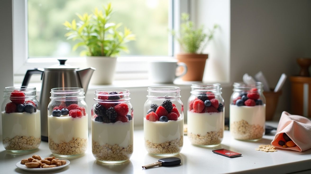 Frascos de vidro com iogurte, cereais e frutas vermelhas em bancada junto a uma janela com plantas e chaleira ao fundo.