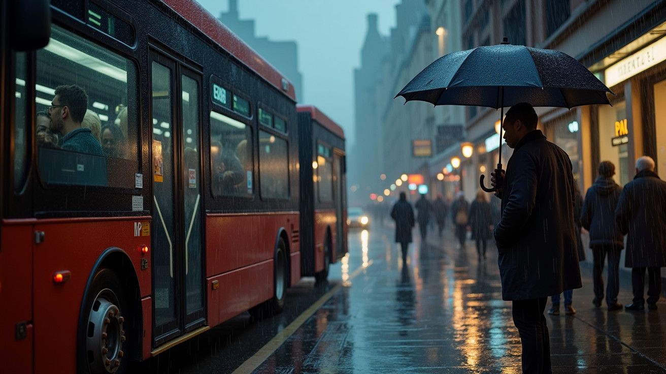 Homem com guarda-chuva espera junto a autocarro vermelho em rua chuvosa, pessoas caminham sob luzes noturnas.