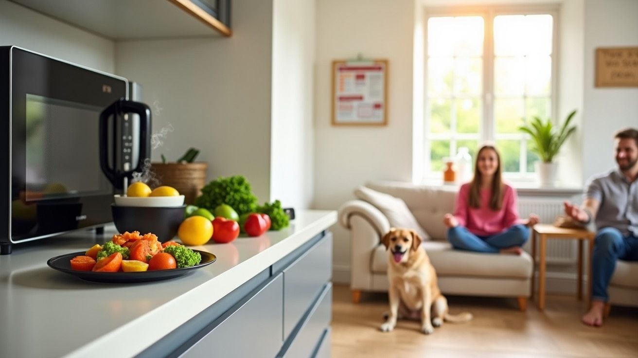 Cozinha moderna com prato de legumes ao vapor; casal e cão relaxam no sofá ao fundo.