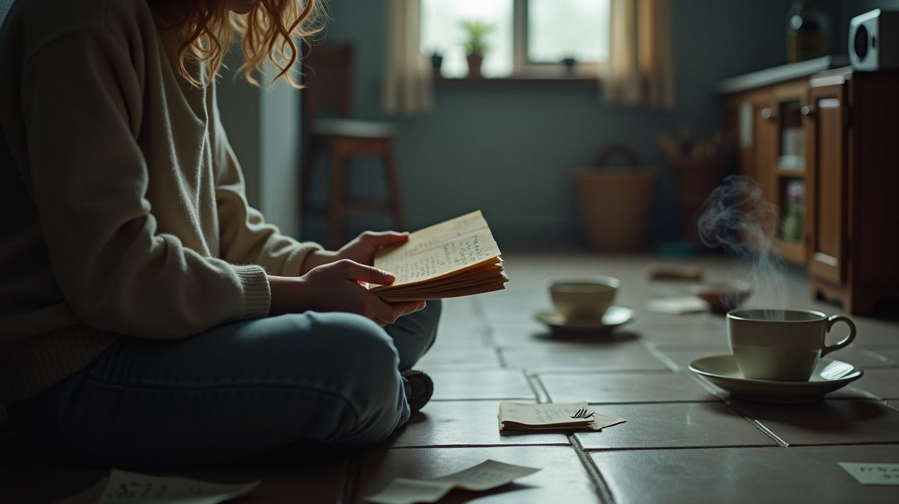 Mulher sentada no chão lê papéis, ao lado de chávenas de chá fumegante numa cozinha acolhedora.