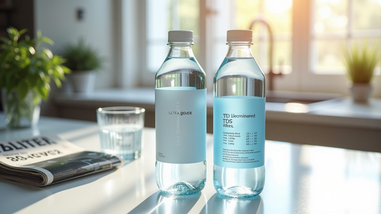 Duas garrafas de água num balcão de cozinha com luz solar, ao lado de um copo de água e um jornal.