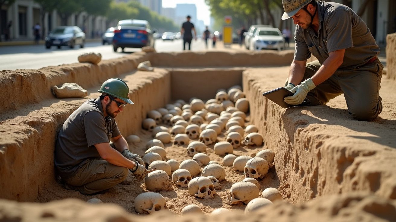 Arqueólogos escavam crânios em trincheira urbana, com carros e árvores ao fundo numa rua movimentada.