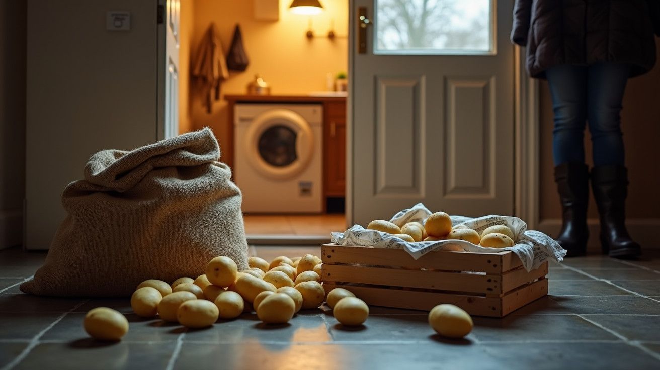 Batatas espalhadas no chão de uma cozinha, ao lado de um saco e uma caixa de madeira, com porta aberta ao fundo.