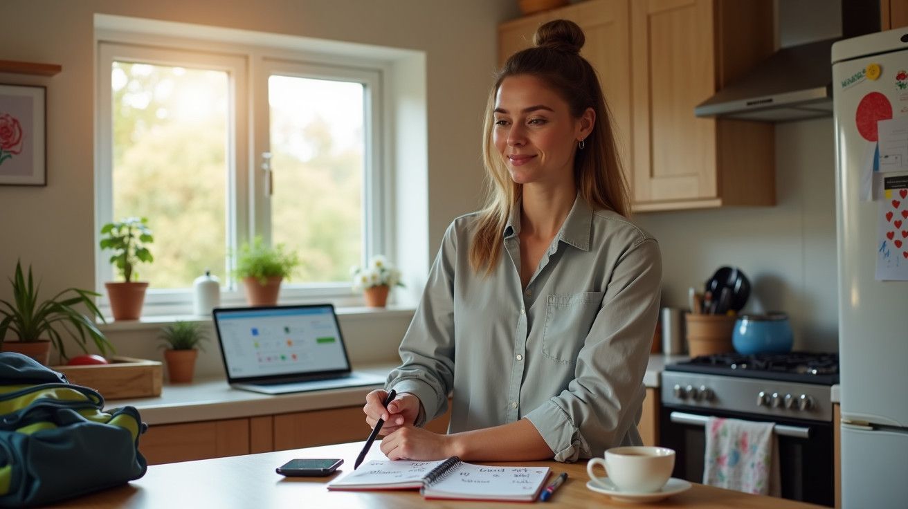Mulher sorrindo numa cozinha, sentada à mesa com caderno e caneca, e um portátil ao fundo.