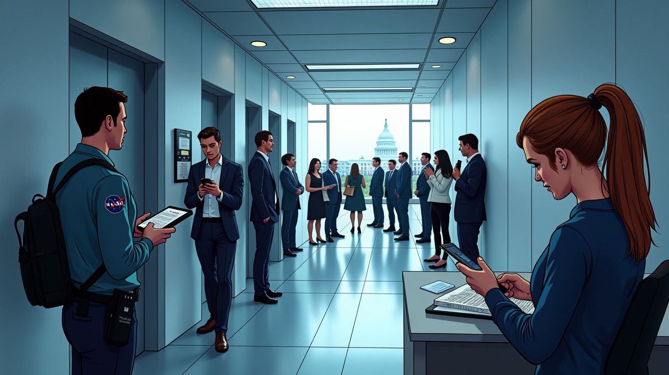 Grupos de pessoas vestem roupa formal num corredor moderno, com vista para um edifício monumental ao fundo.