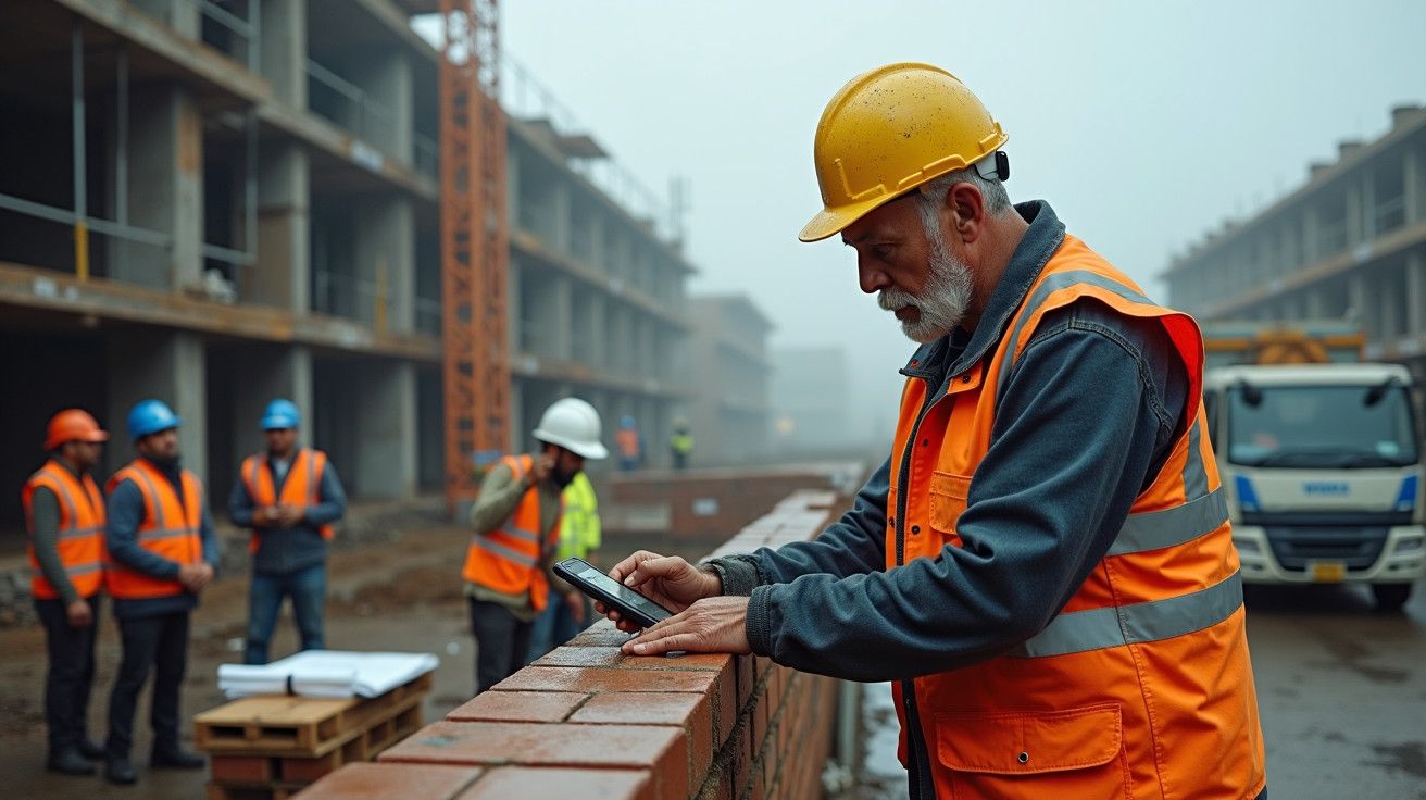 Trabalhador da construção civil de capacete e colete reflete num local de obras com colegas ao fundo.