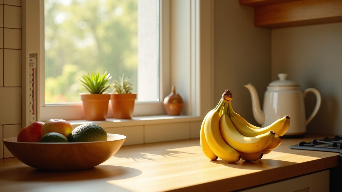 Bancada de cozinha com bananas, maçãs e abacates, plantas em vasos e chaleira perto de janela com luz natural.