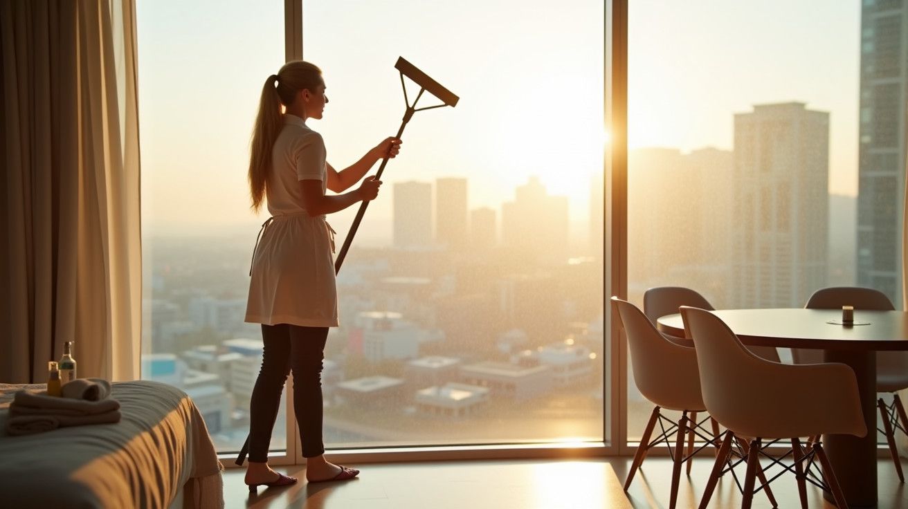 Mulher limpa janelas ao pôr do sol, vista para a cidade, num quarto com mesa e cadeiras modernas.