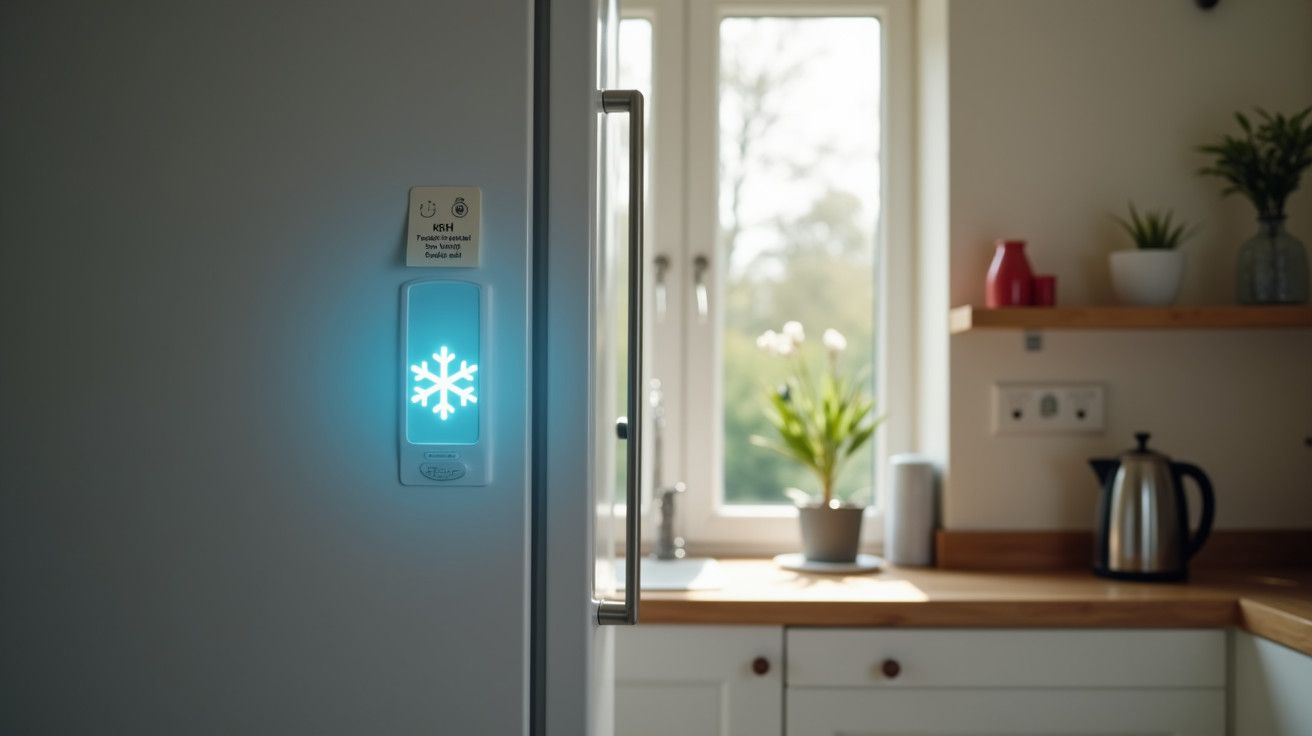 Frigorífico branco com símbolo de floco de neve iluminado, numa cozinha iluminada por janela, plantas e chaleira ao fundo.