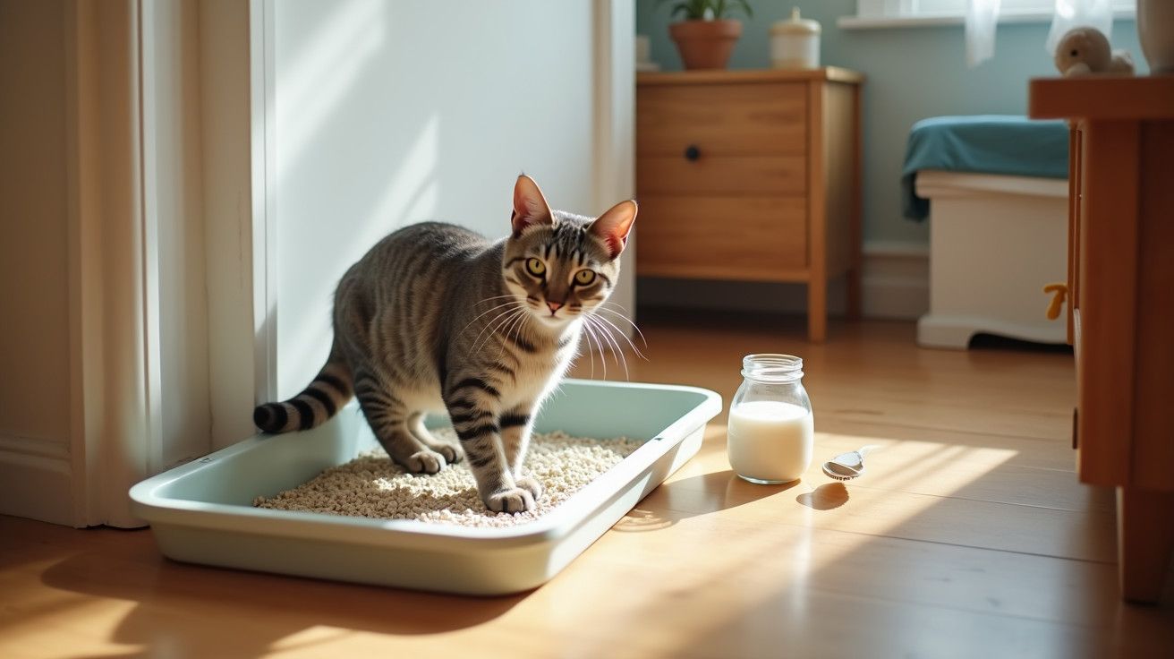 Gato tigrado a sair da caixa de areia, com jarro de leite ao lado, em quarto iluminado pelo sol.