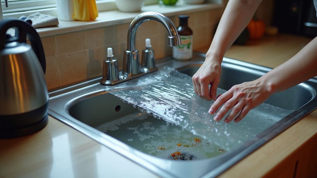 Mãos lavando uma folha transparente no lavatório da cozinha, com espuma e utensílios ao fundo.
