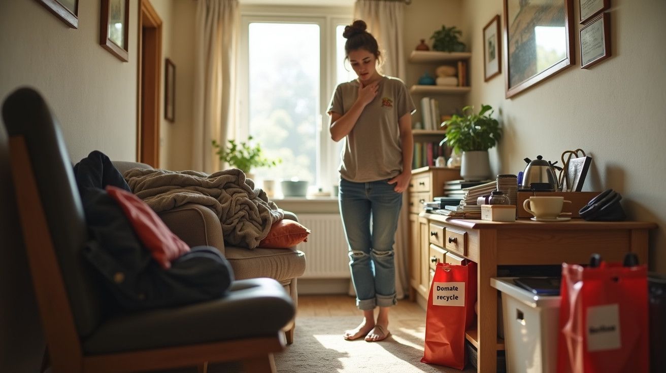 Mulher em sala de estar acolhedora, de pé, perto de sacos de reciclagem e doação, iluminada por luz da janela.