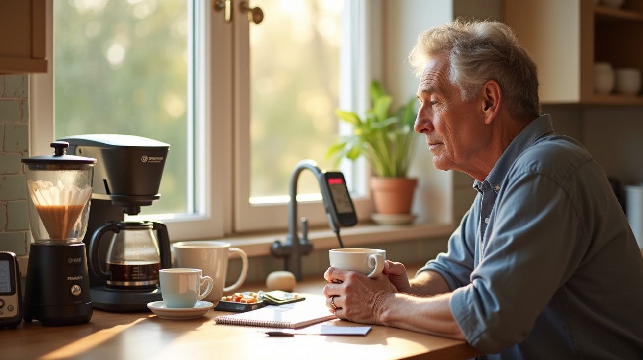Homem idoso bebendo café à mesa da cozinha, olhando pela janela com cafeteira ao fundo e luz suave de manhã.