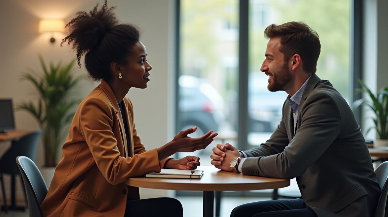Duas pessoas sentadas frente a frente numa mesa de café, conversando animadamente, com plantas ao fundo.