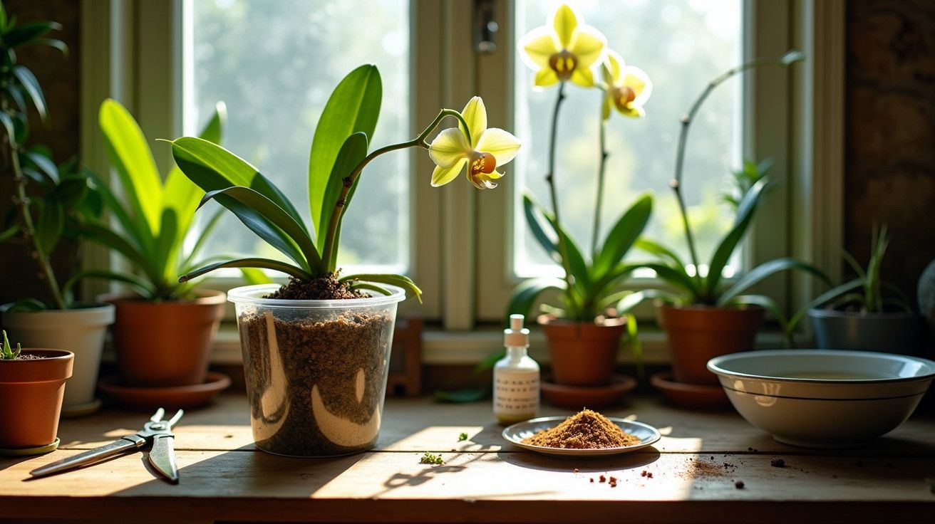 Vaso de orquídea em mesa de madeira com ferramentas de jardinagem e janela ao fundo.