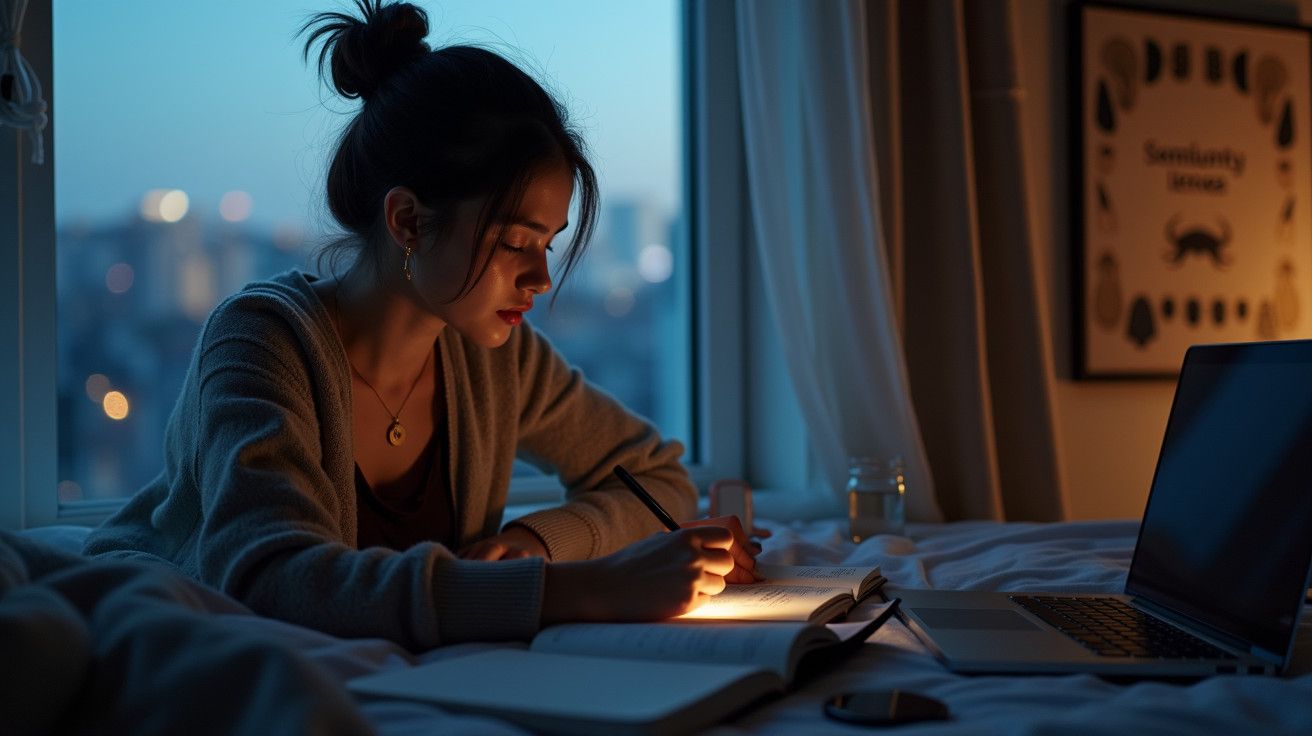 Mulher a estudar à noite, sentada na cama com luz suave, com livro aberto, portátil e vista da cidade ao fundo.