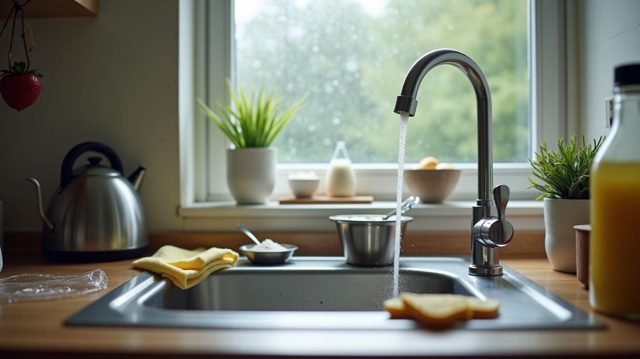 Cozinha com janela, lava-loiça moderno com água a correr, plantas e utensílios à vista, luz natural a entrar.