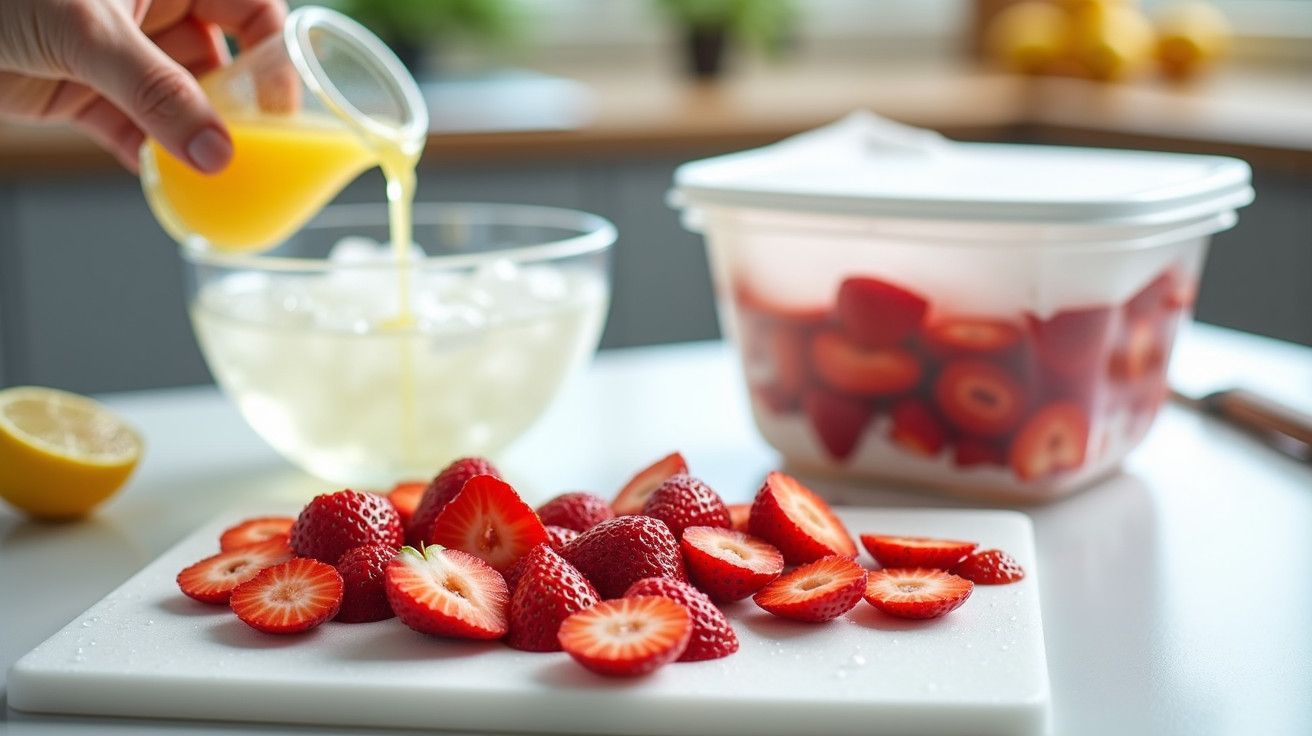 Morangos fatiados numa tábua, suco de laranja sendo vertido numa tigela, recipiente com mais morangos ao fundo.