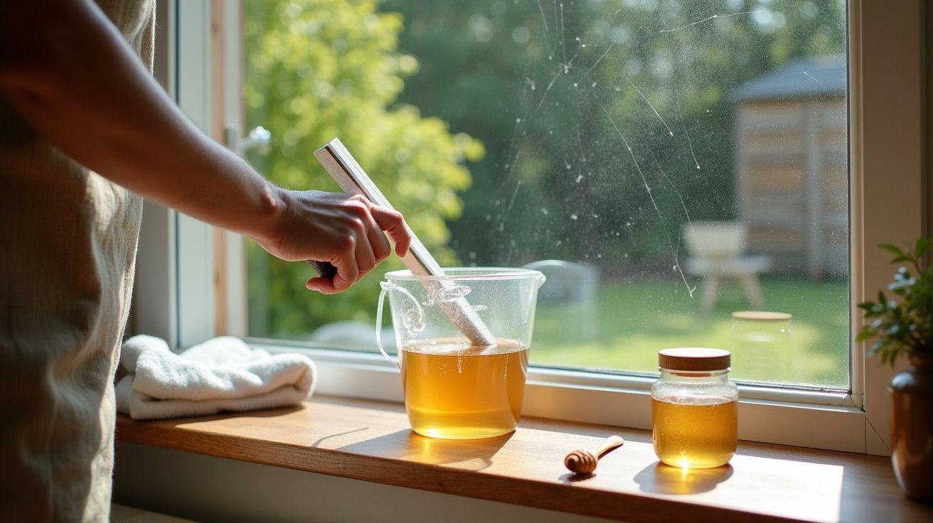 Pessoa mistura mel numa jarra junto a uma janela, com um frasco de mel ao lado e luz solar ao fundo.