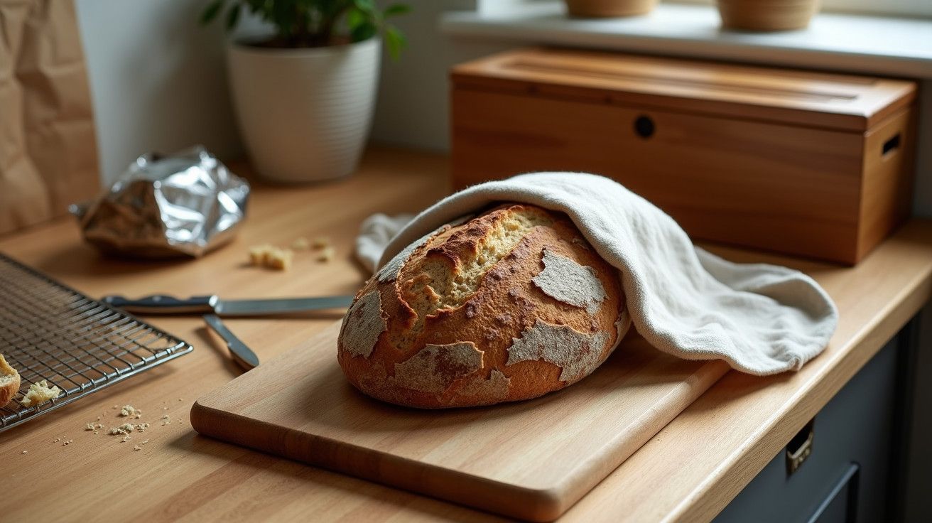 Pão rústico em tábua de madeira, coberto por um pano, numa cozinha com planta e caixa de pão ao fundo.