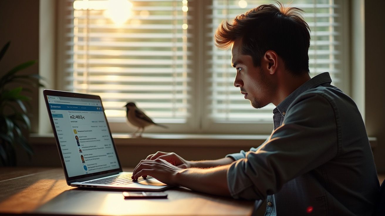 Homem concentrado a trabalhar no computador portátil junto a uma janela, com luz suave do entardecer e pássaro pousado.
