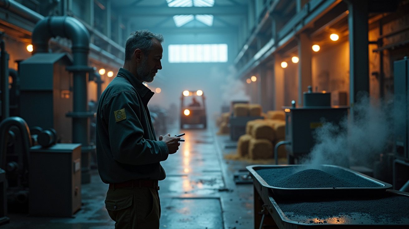 Homem num armazém industrial observando pilha de pó preto em carrinho, com luz amarelada ao fundo e vapor visível.