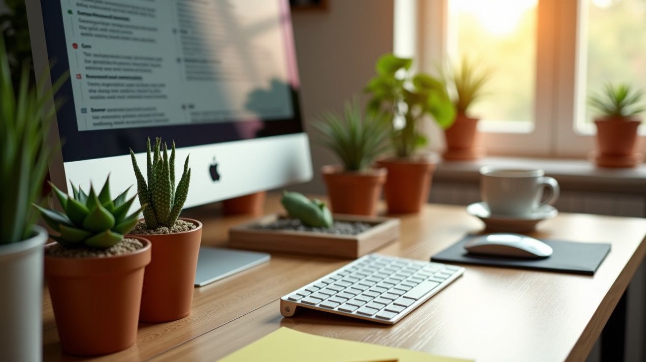 Computador numa secretária com plantas, teclado, rato e chávena de café ao lado de uma janela iluminada pelo sol.