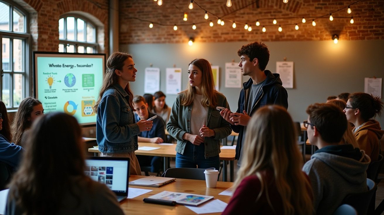 Alunos discutem em sala de aula com projetor, luzes pendentes e materiais nas mesas. Ambiente colaborativo e moderno.