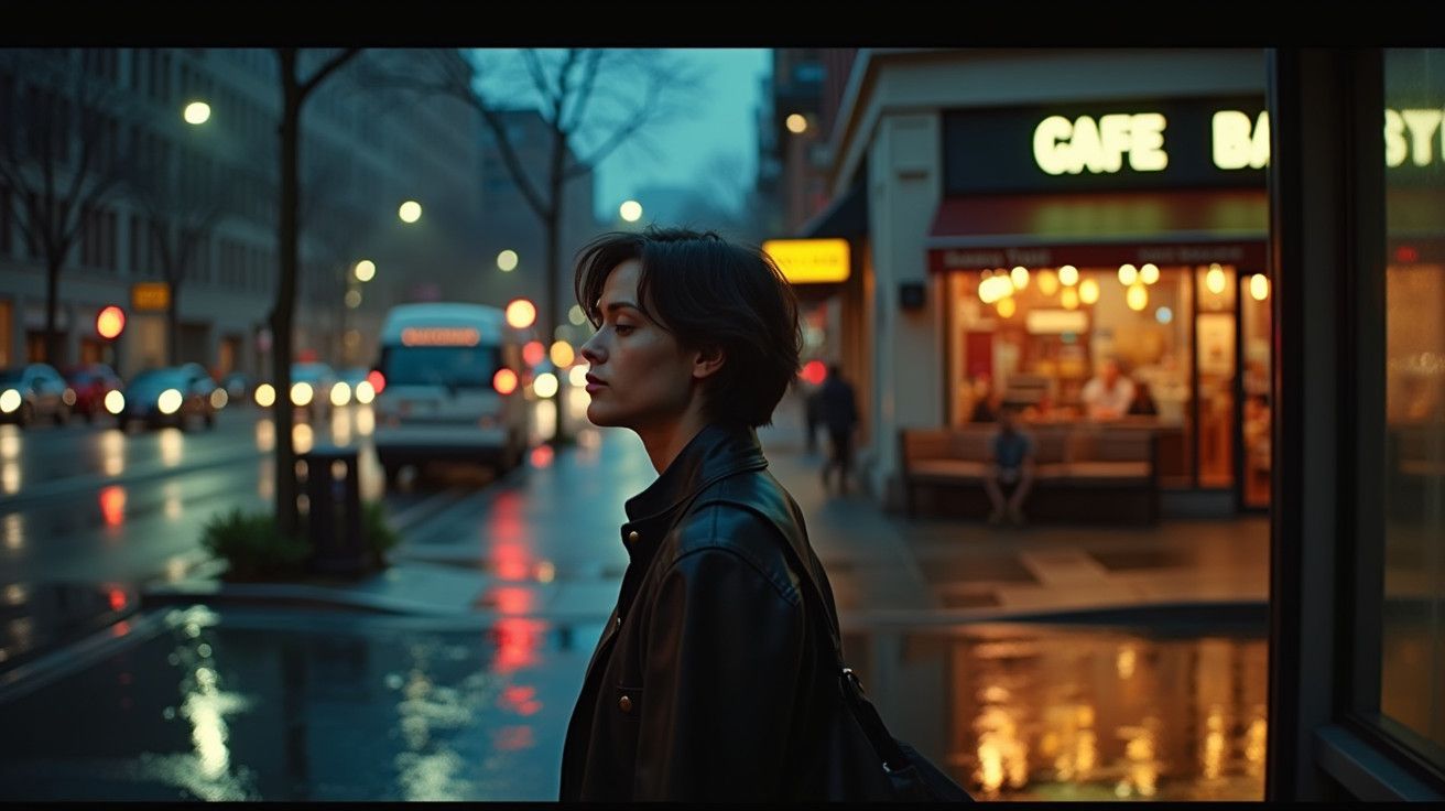 Pessoa com casaco de couro caminha à noite numa rua chuvosa, café iluminado ao fundo.