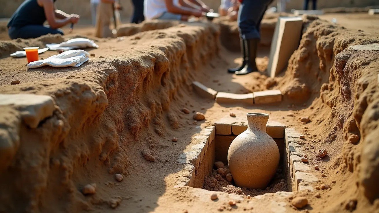 Escavação arqueológica com ânfora de cerâmica em vala, pesquisadores ao fundo examinando artefactos.