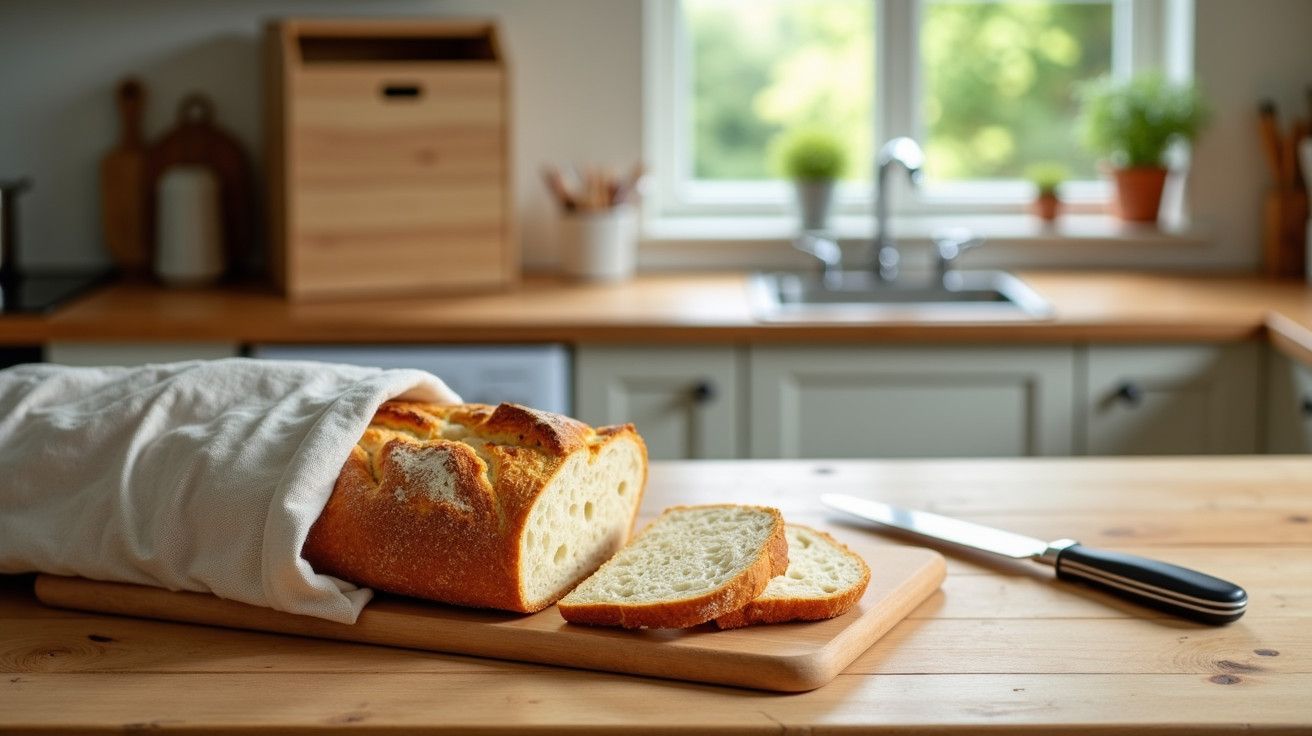 Pão fatiado em tábua de madeira sobre bancada de cozinha com fundo de janela e plantas.
