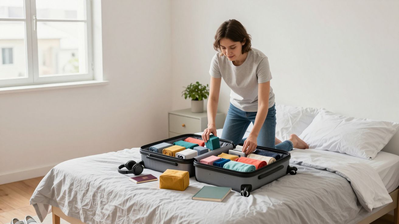 Mulher a arrumar roupa colorida numa mala aberta em cima de uma cama branca, num quarto iluminado.
