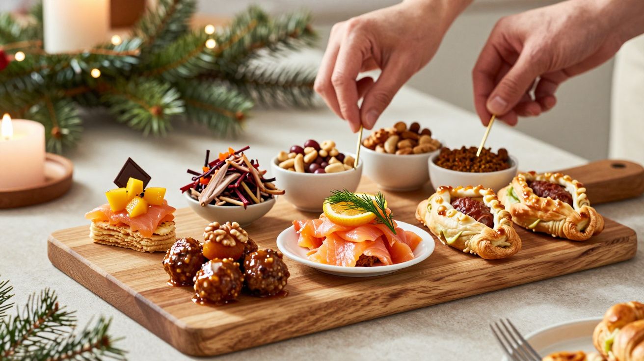 Tabua de madeira com entradas variadas, incluindo salmão fumado, frutos secos e folhados, decorada com ramos de pinheiro.