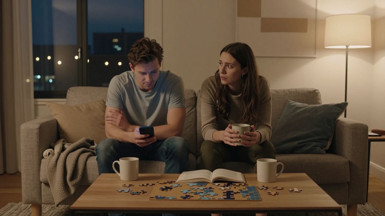 Casal sentado no sofá, ele olha o telemóvel, ela segura uma caneca. Mesa com puzzle e livro aberto à frente.